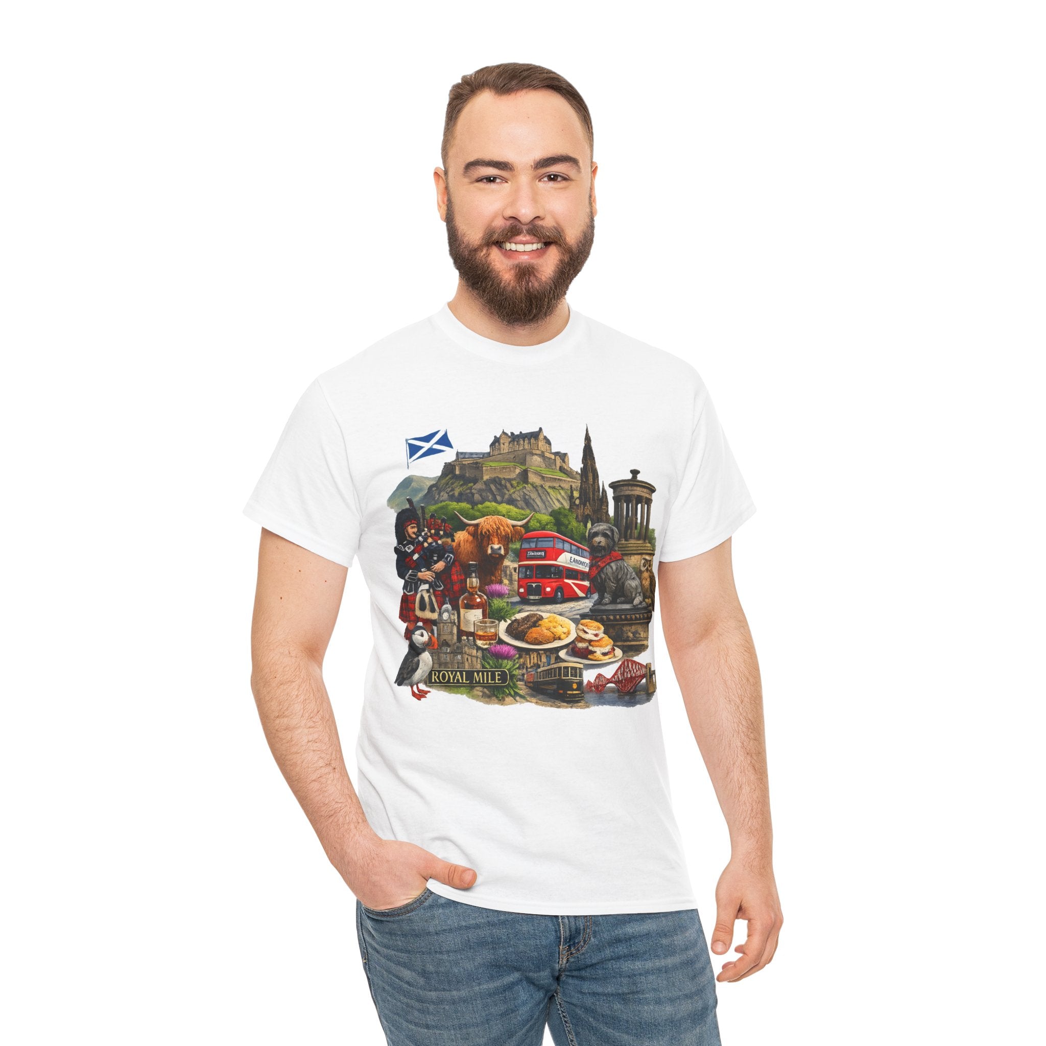 Scotland / Edinburgh Travel Collage T-Shirt — Edinburgh Castle, Bagpipes & Local Icons