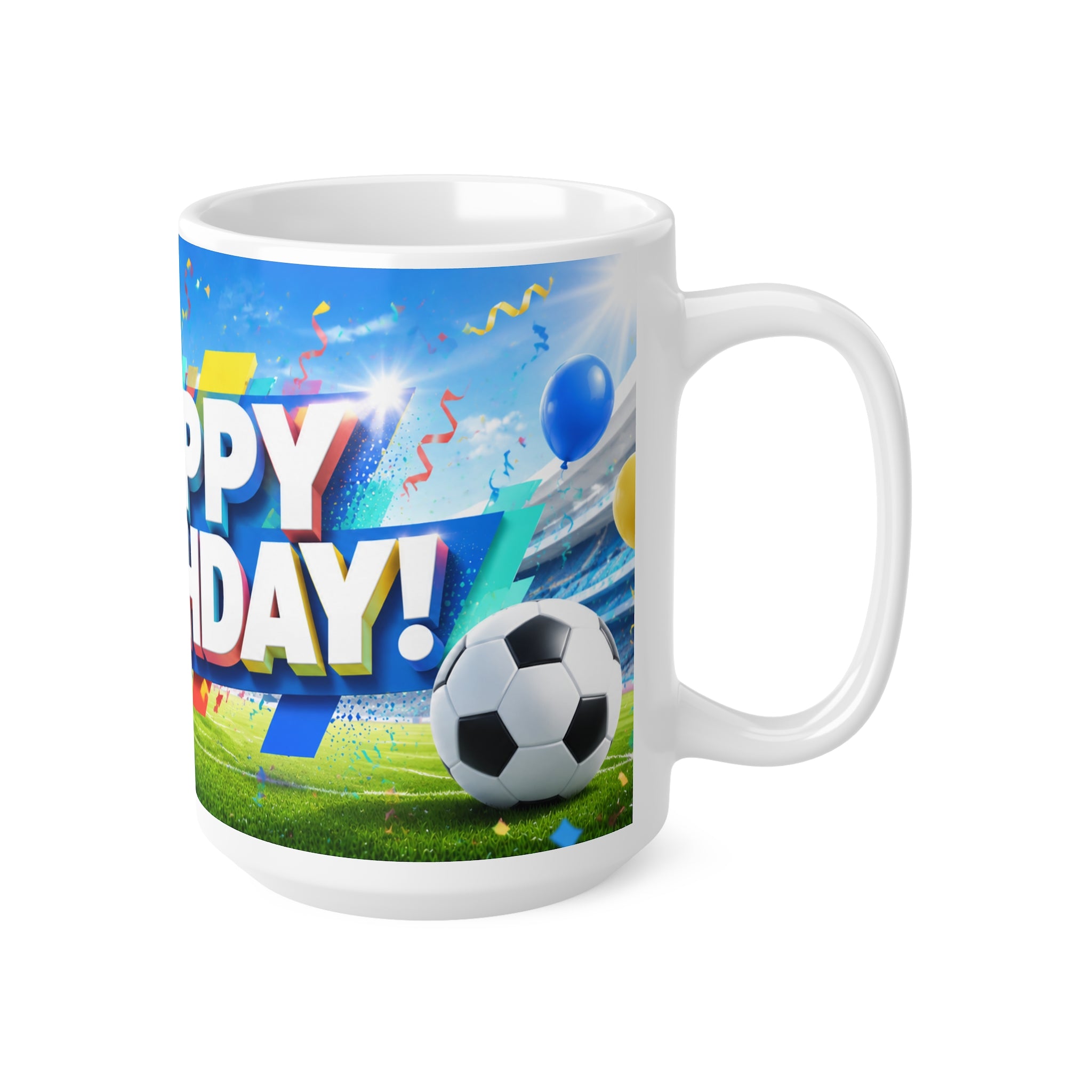 Happy Birthday Soccer Fan Mug — Cheerful Sports-Themed Ceramic Coffee Cup (11oz/15oz)