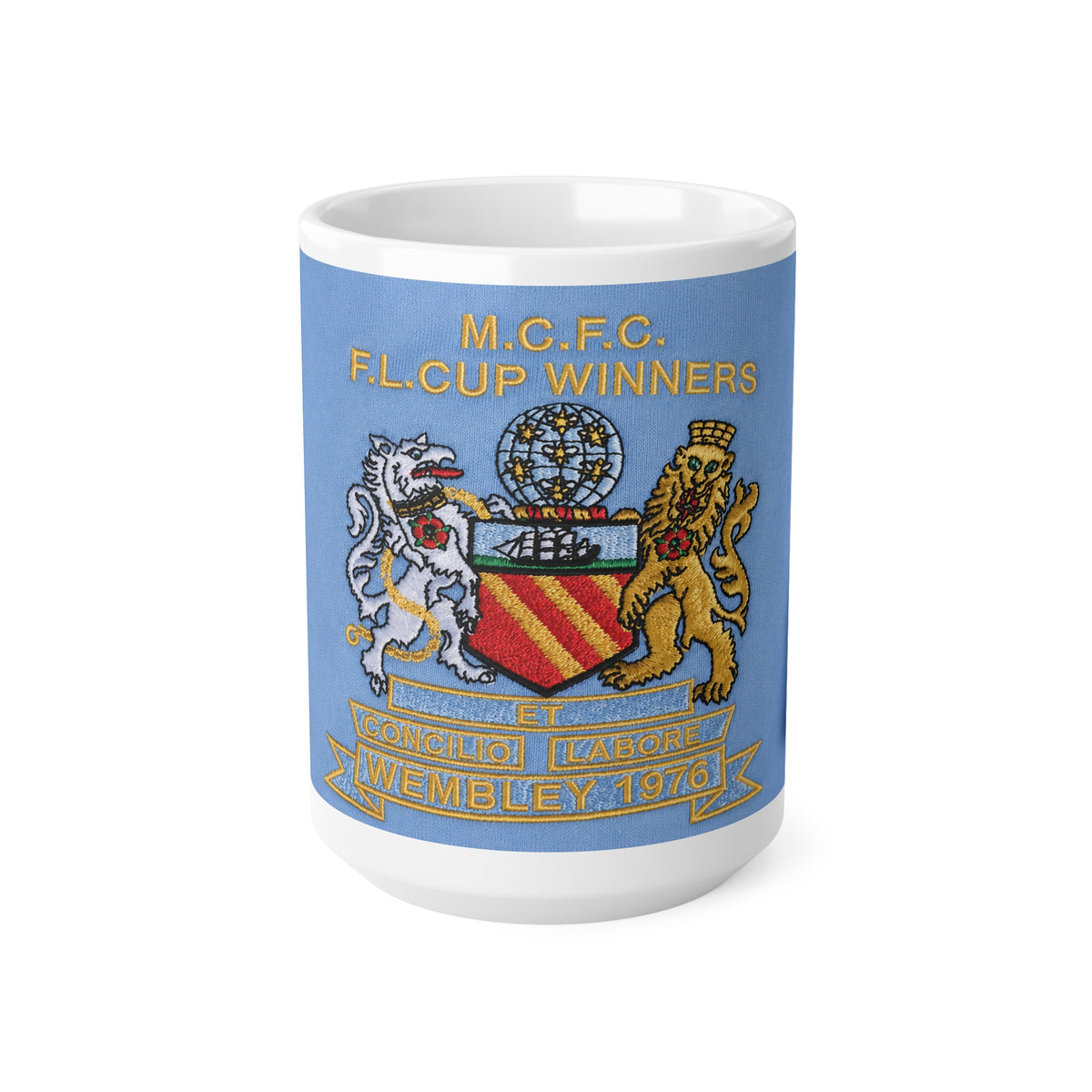 Manchester City Football Club Crest Mug — 'M.C.F.C. F.L. Cup Winners 1976' Ceramic Coffee Cup (11oz, 15oz)