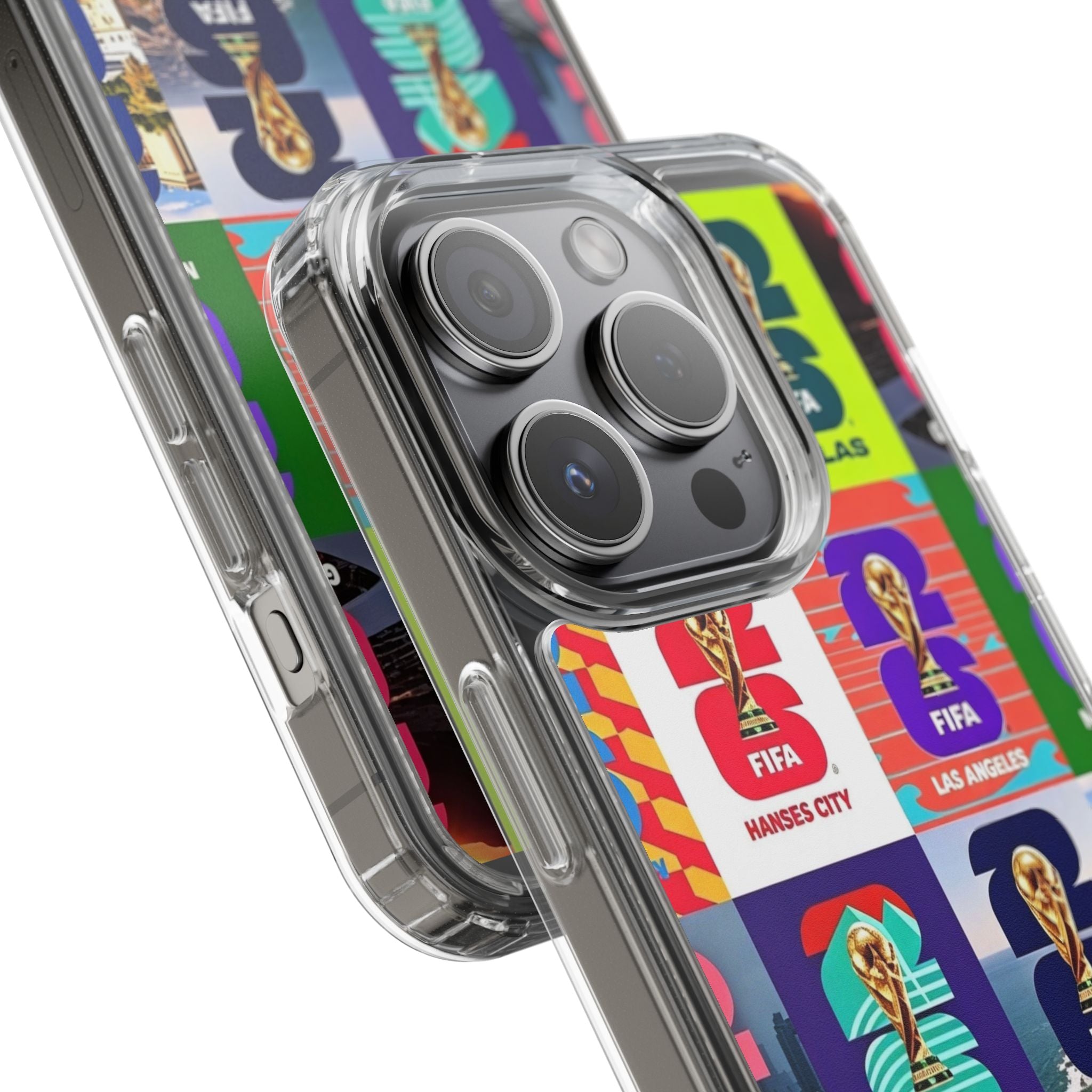 FIFA World Cup Pop Art Clear Phone Case — City Badge Collage (Dallas, LA, Monterrey, Toronto, Seattle)