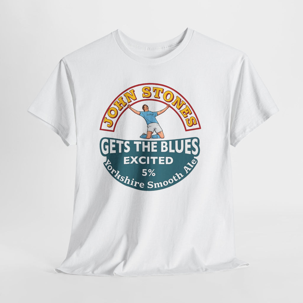 John Stones T-Shirt — "Gets The Blues Excited" Retro Ale Parody Tee