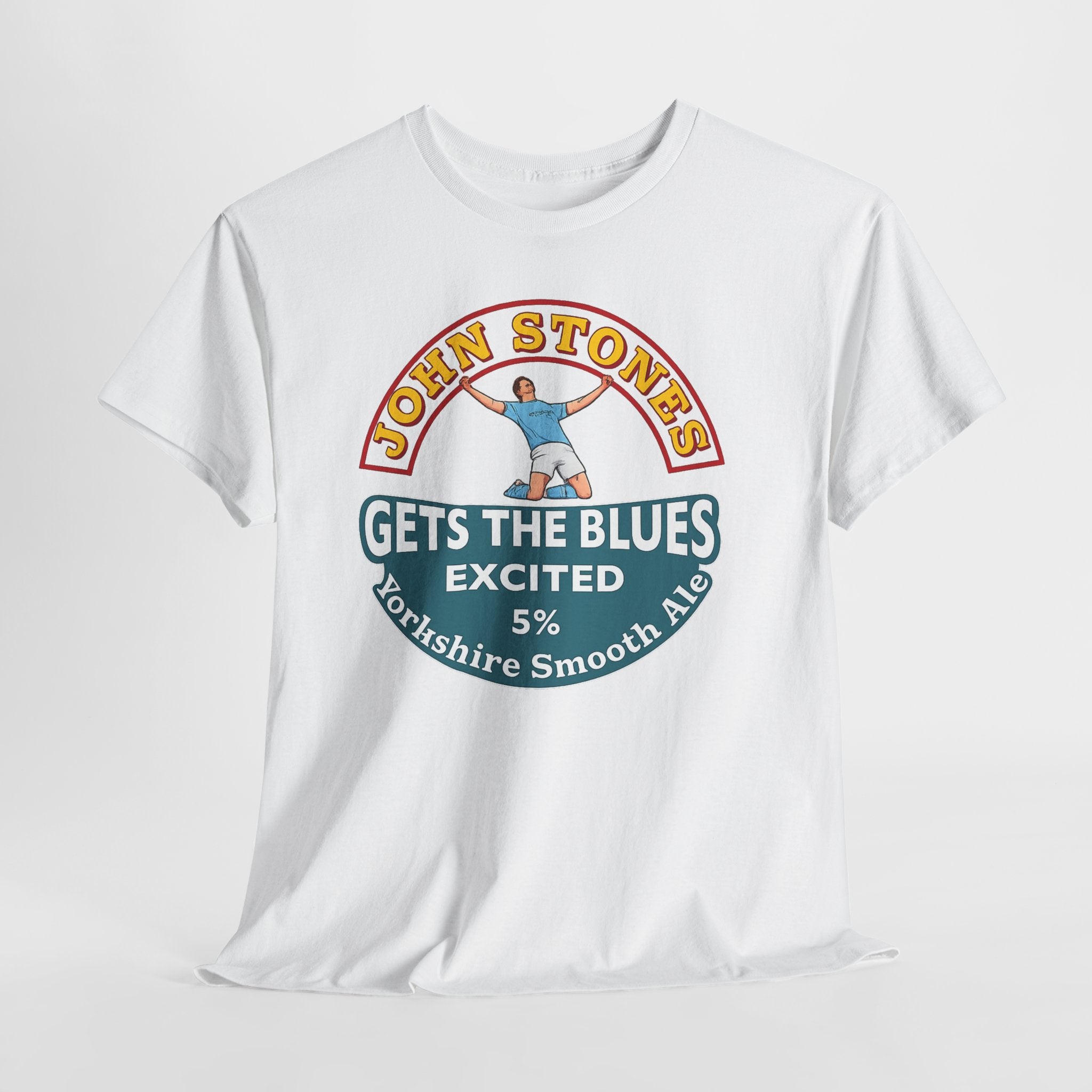 John Stones T-Shirt — "Gets The Blues Excited" Retro Ale Parody Tee