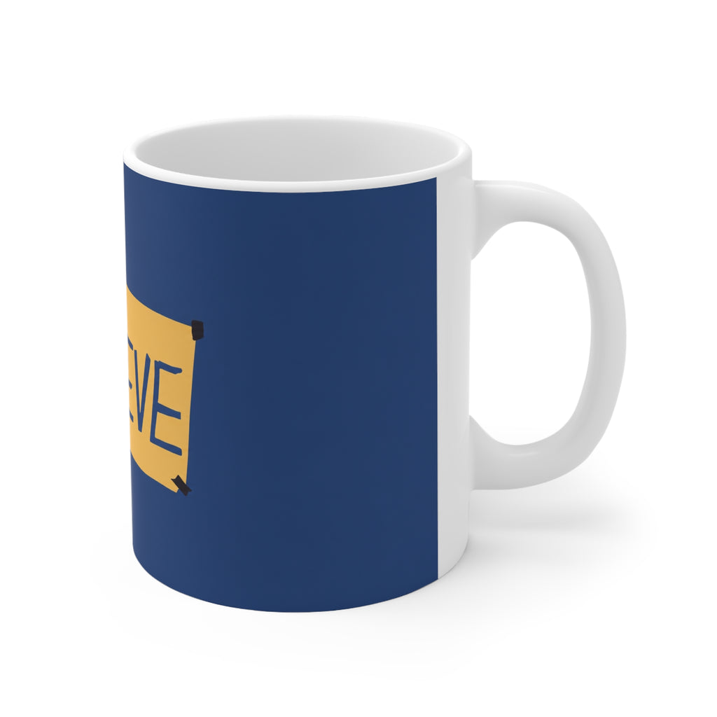 Ted Lasso Inspired Believe Ceramic Coffee Mug – Inspirational Blue & Gold 11oz/15oz