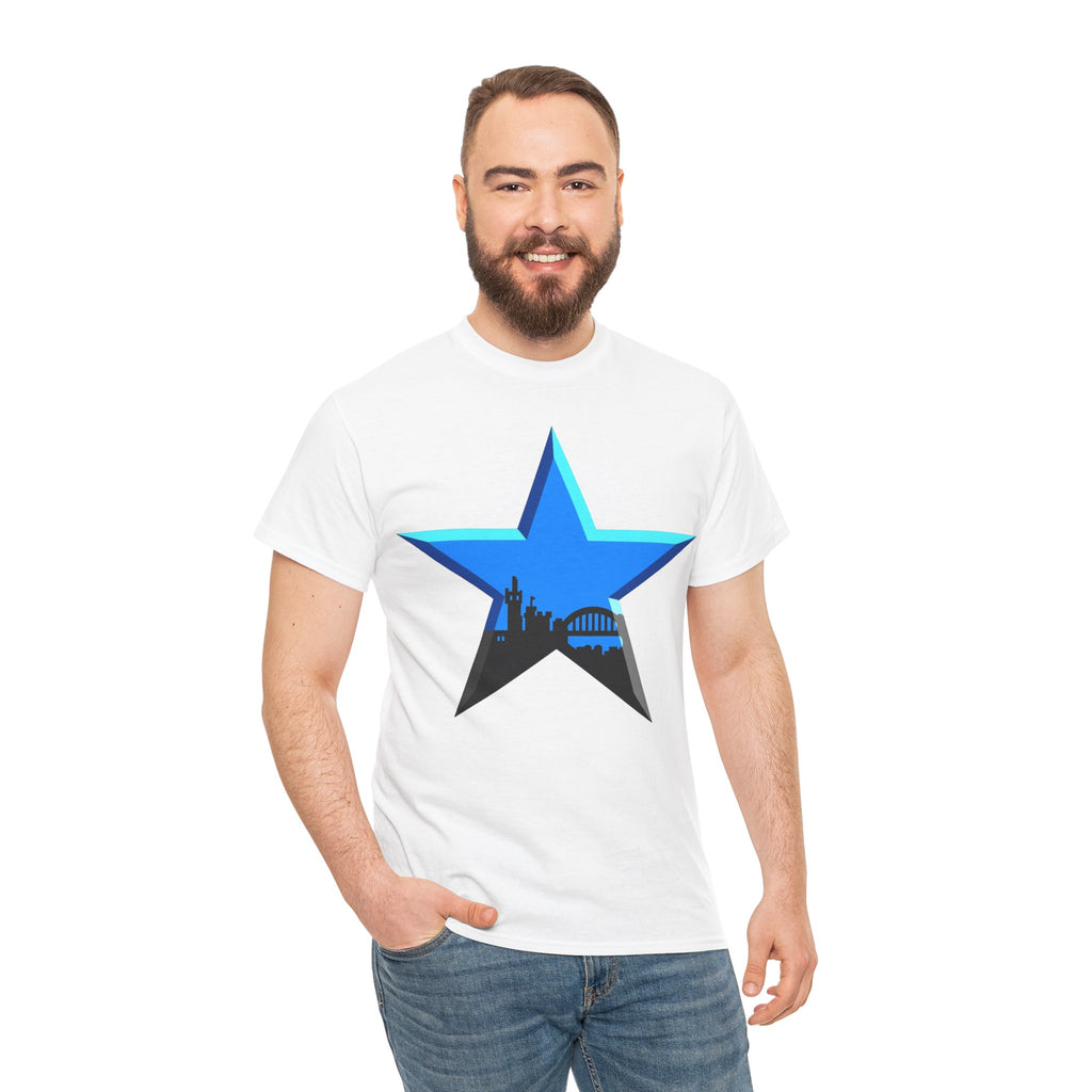 Newcastle City Skyline Star Retro Cotton T-Shirt — Blue Star with Urban Skyline Graphic