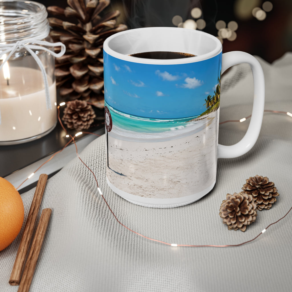 Barbados Beach Bus Stop Photo Mug — Tropical Ocean Scene Ceramic Coffee Cup (11oz & 15oz)