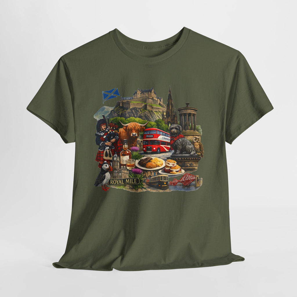 Scotland / Edinburgh Travel Collage T-Shirt — Edinburgh Castle, Bagpipes & Local Icons