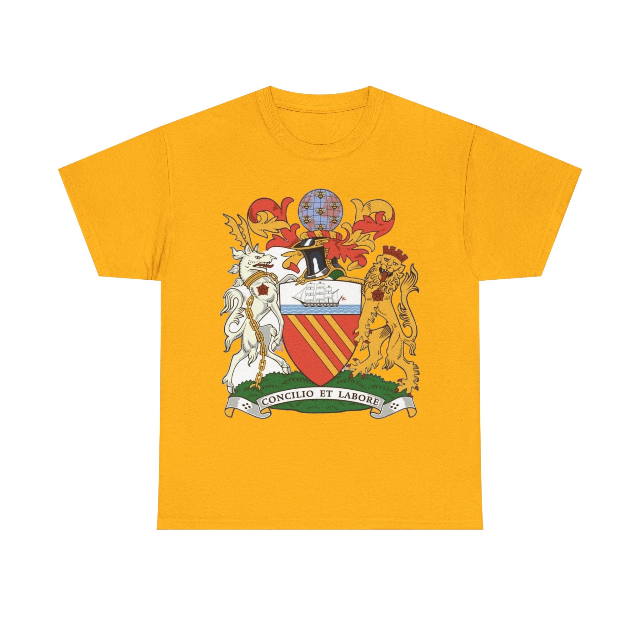 Manchester Coat of Arms Crest T‑Shirt — Heraldic Family Shield Tee with 'Concilio et Labore' Banner
