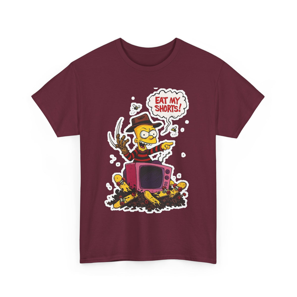 Horror TV Mashup Tee — “Eat My Shorts!” Retro Cartoon Tee