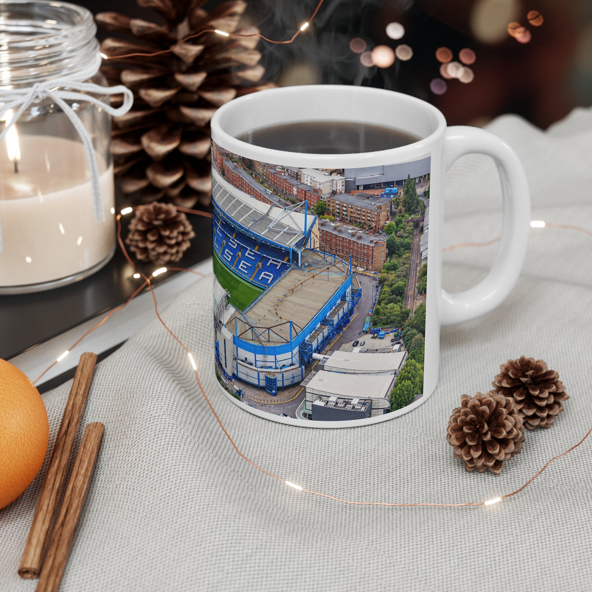 Chelsea FC Stamford Bridge Stadium Aerial Photo Ceramic Coffee Mug — 11oz & 15oz