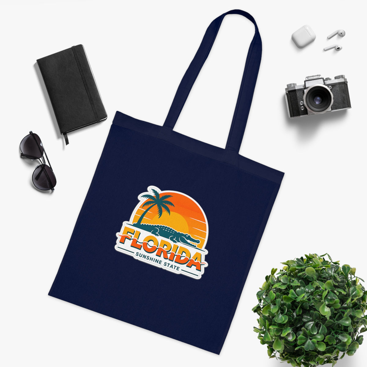 Florida Sunshine State Palm Tree Tote Bag — Retro Beach Sunset Cotton Tote