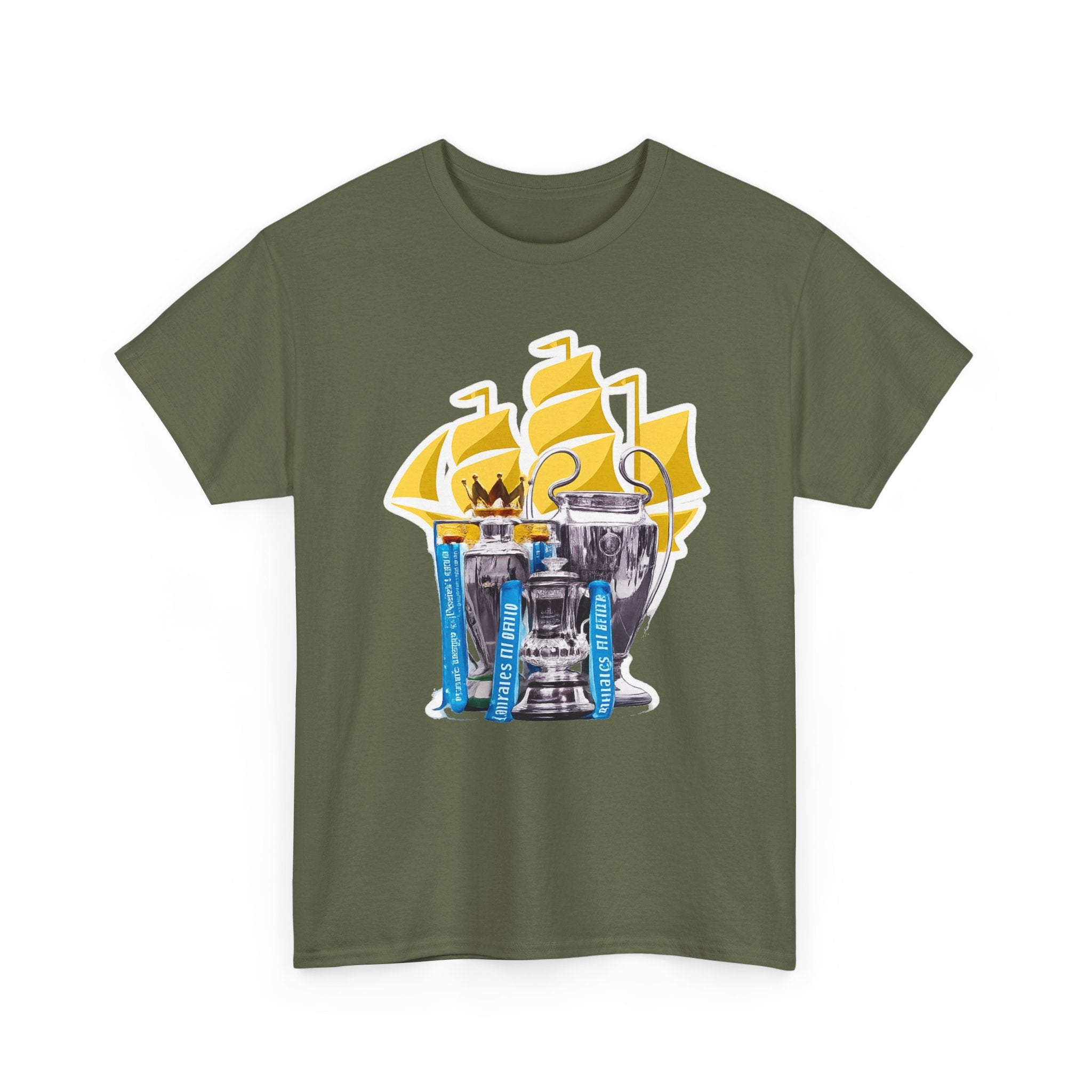 Manchester City Champions Trophy Tee – Golden Cups & Blue Scarves Football Fan Shirt
