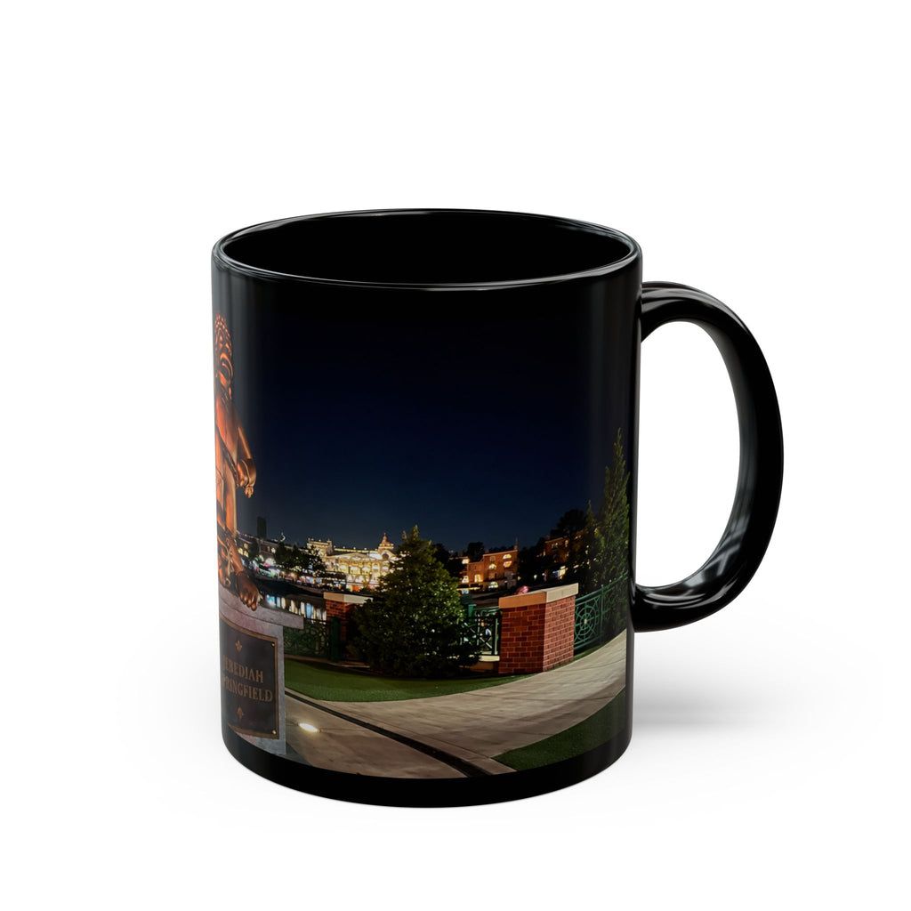 The Simpsons Photo Mug — University Statue & Campus Lights (Black 11oz/15oz)