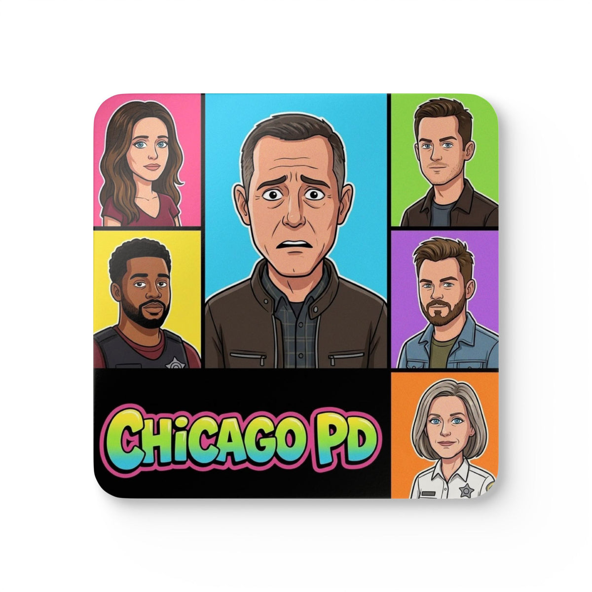 Chicago PD Cartoon Coaster Set — Pop Art Cork Drink Coasters (4-Pack)