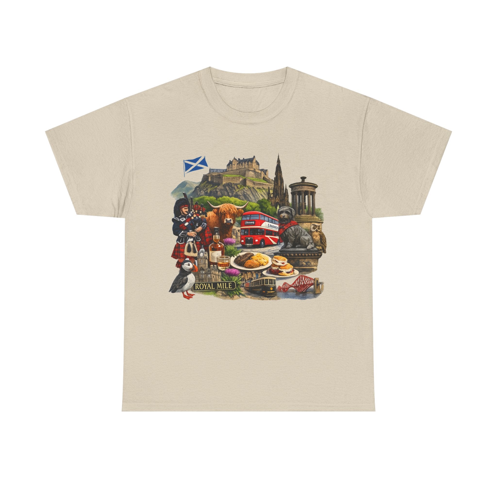 Scotland / Edinburgh Travel Collage T-Shirt — Edinburgh Castle, Bagpipes & Local Icons