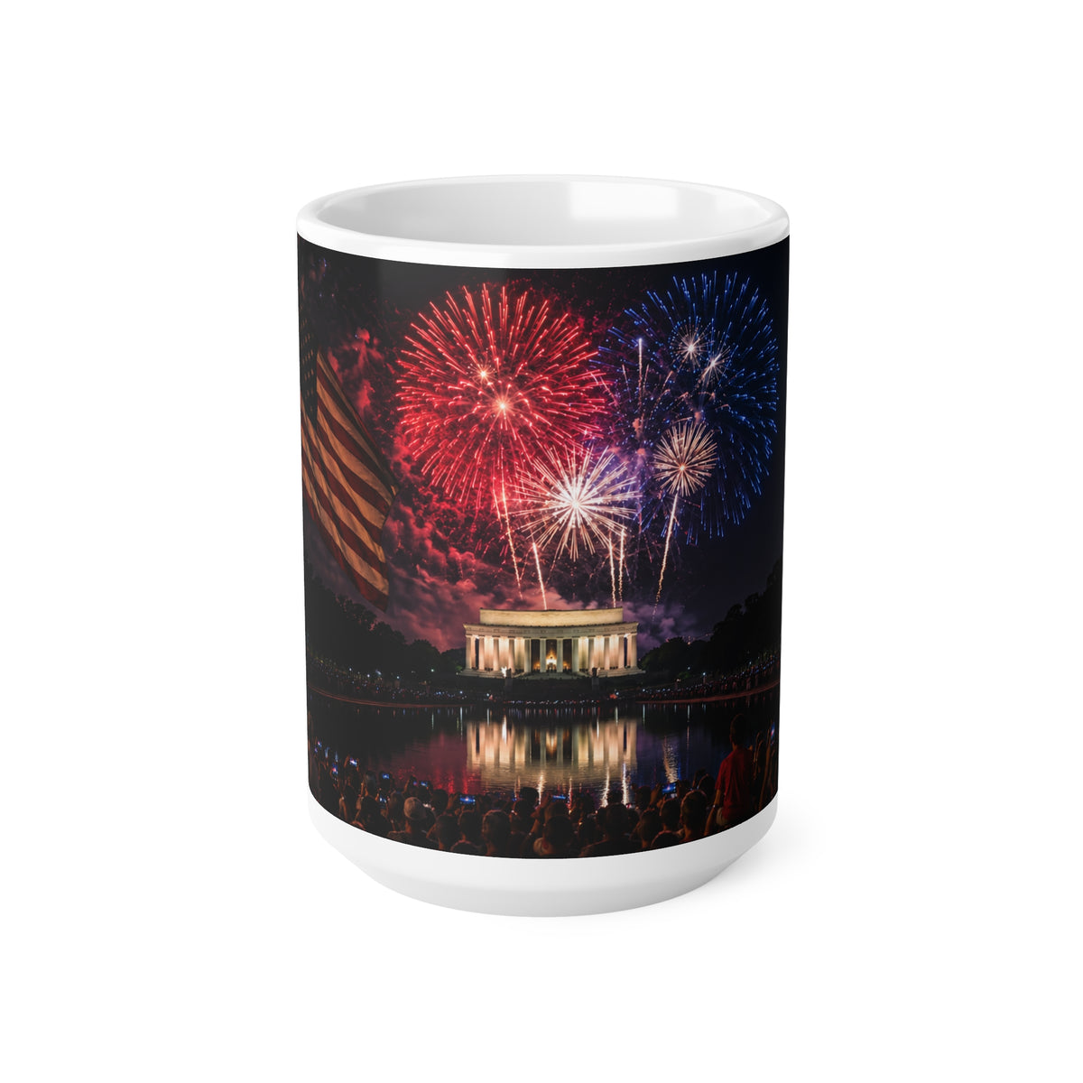 Fourth of July Fireworks Coffee Mug — Patriotic American Flag & Capitol Night Sky (11oz/15oz)
