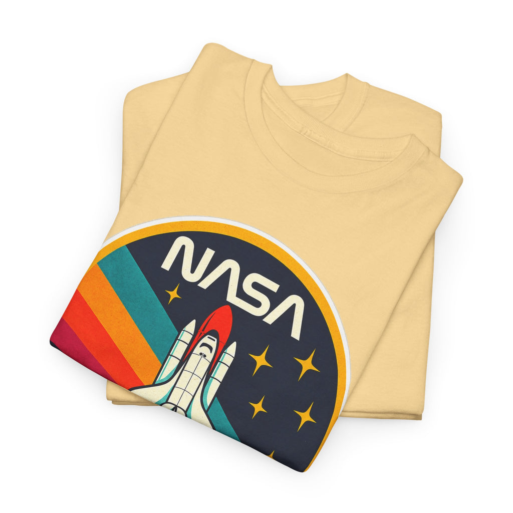 NASA Retro Rocket T‑Shirt — Vintage Space Shuttle Tee with Rainbow Trail