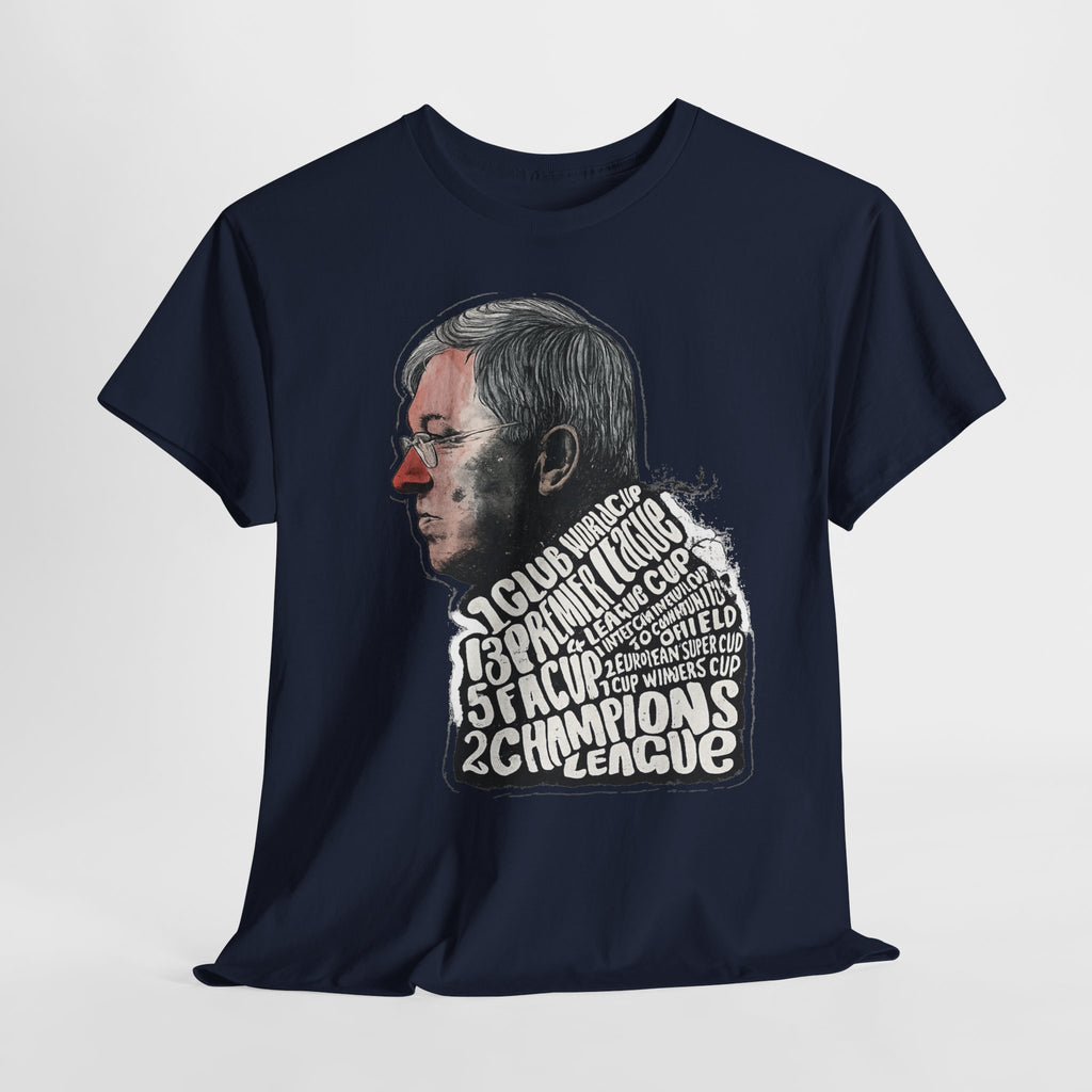SIr Alex Ferguson Achievements Vintage Football Manager Profile Tee — Illustrated Head with Trophy Text Design