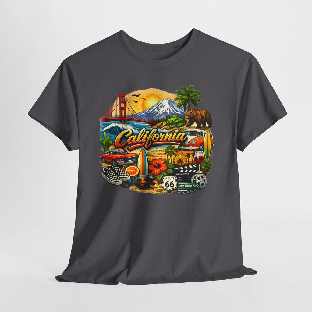 California Vintage Travel T-Shirt — Golden Gate, Palm Trees & Route 66 Tee