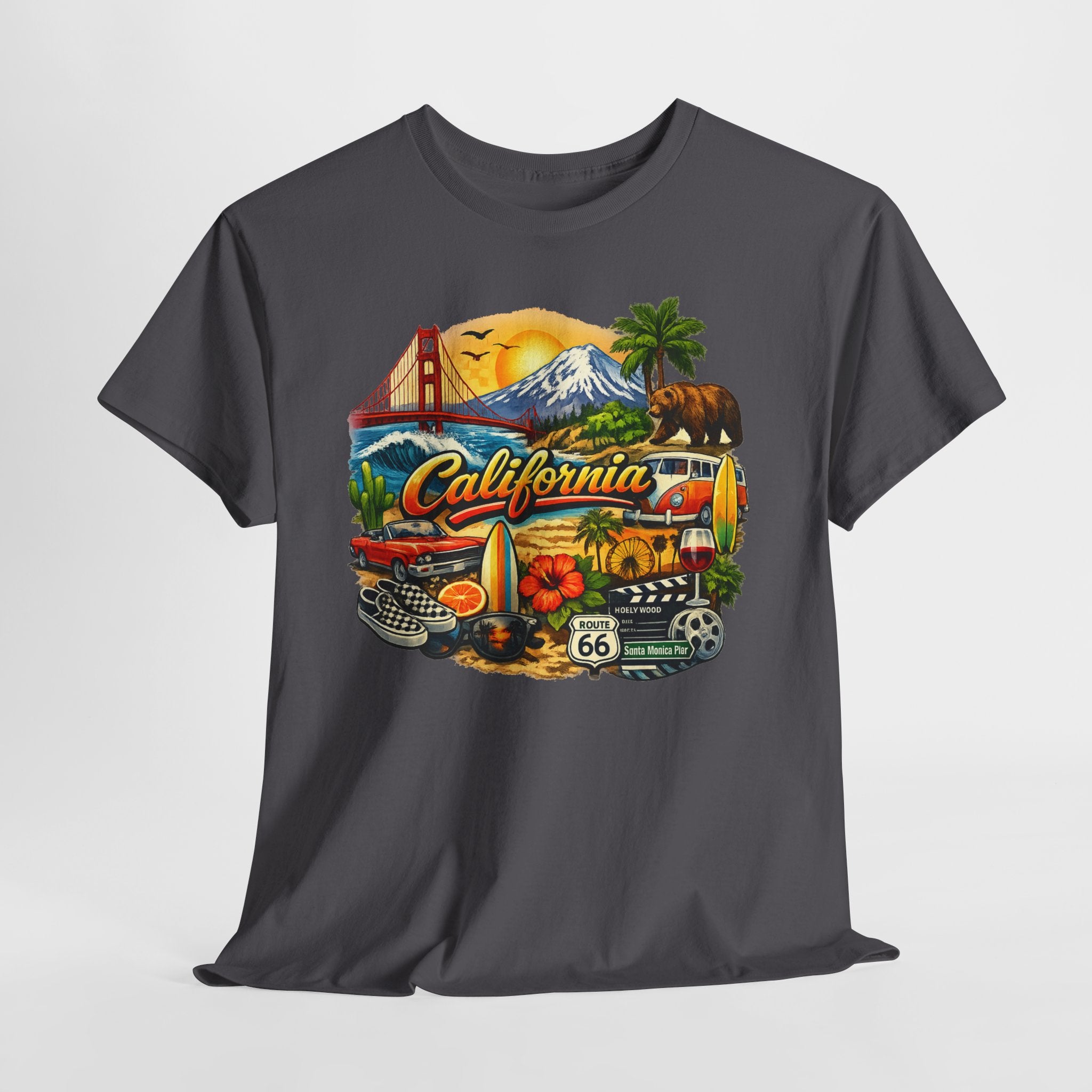 California Vintage Travel T-Shirt — Golden Gate, Palm Trees & Route 66 Tee