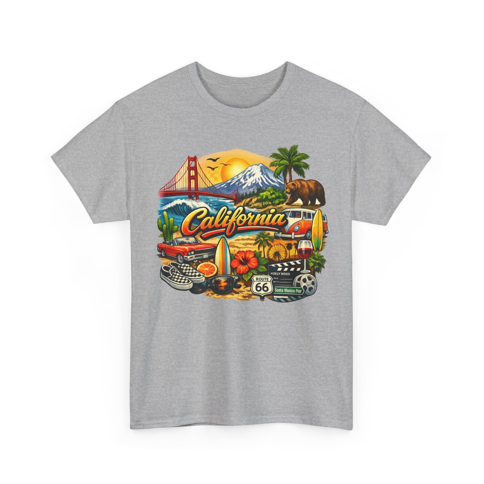 California Vintage Travel T-Shirt — Golden Gate, Palm Trees & Route 66 Tee