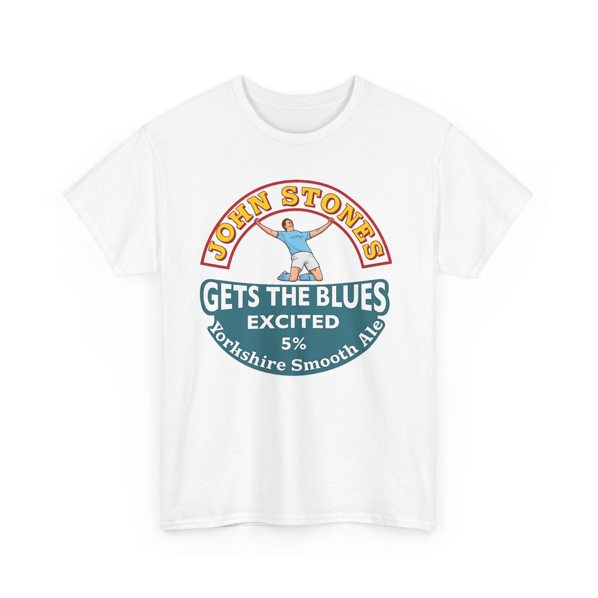 John Stones T-Shirt — "Gets The Blues Excited" Retro Ale Parody Tee