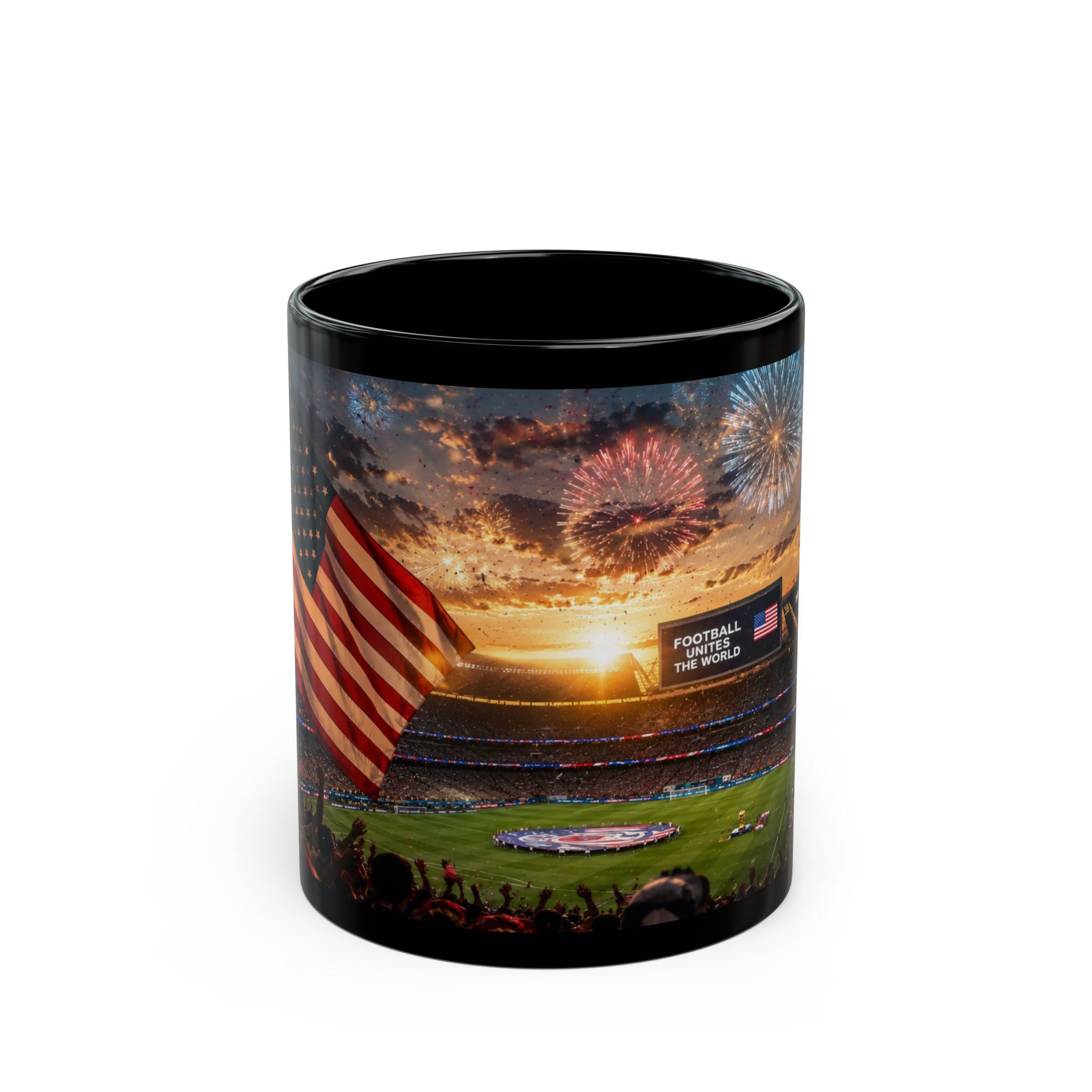 World Cup 2026 Patriotic Stadium Fireworks Black Mug — American Flag Football Game Coffee Cup (11oz/15oz)
