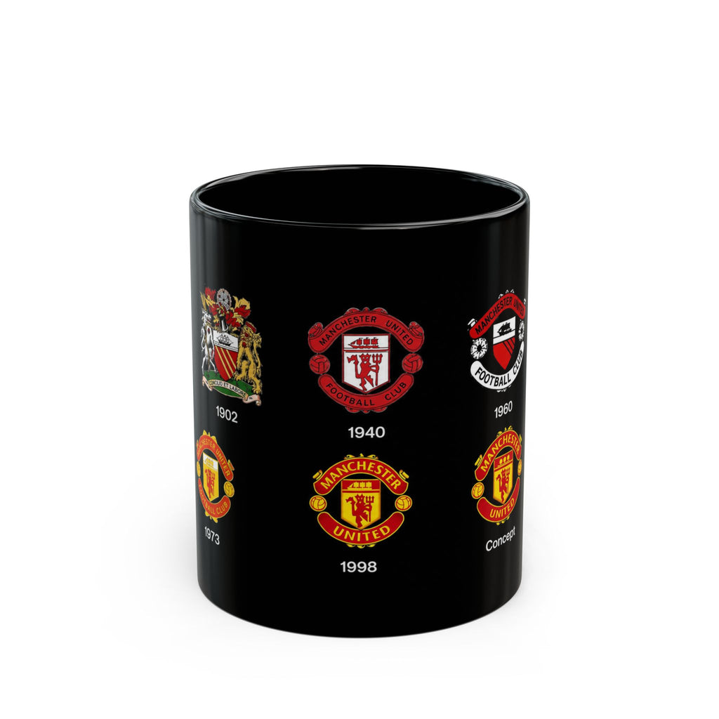 Manchester United History Logo Mug — Vintage Crest Timeline Coffee Cup (11oz/15oz)