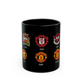 Manchester United History Logo Mug — Vintage Crest Timeline Coffee Cup (11oz/15oz)