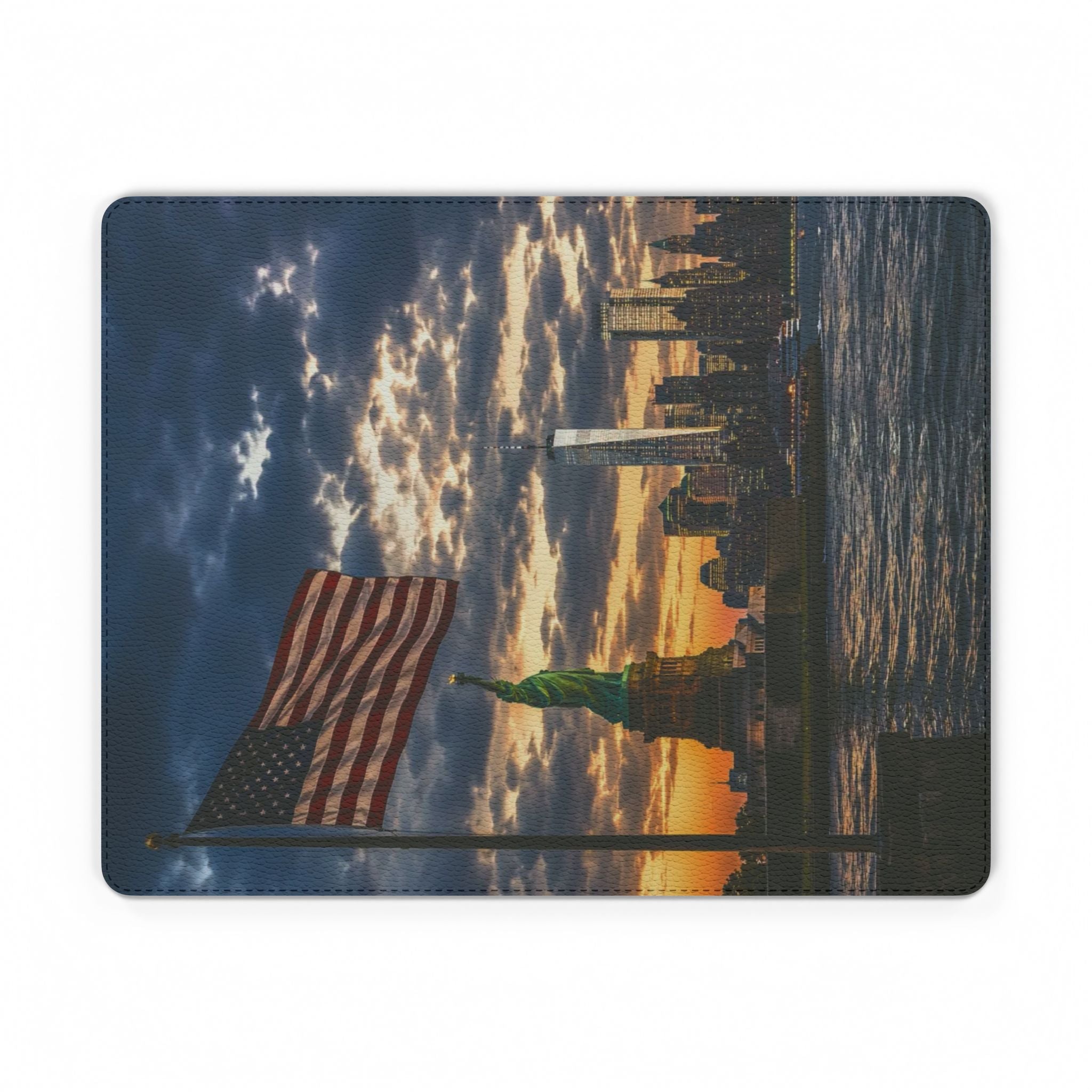 Statue of Liberty Sunset PU Leather Mouse Mat — American Flag Skyline Desk Pad