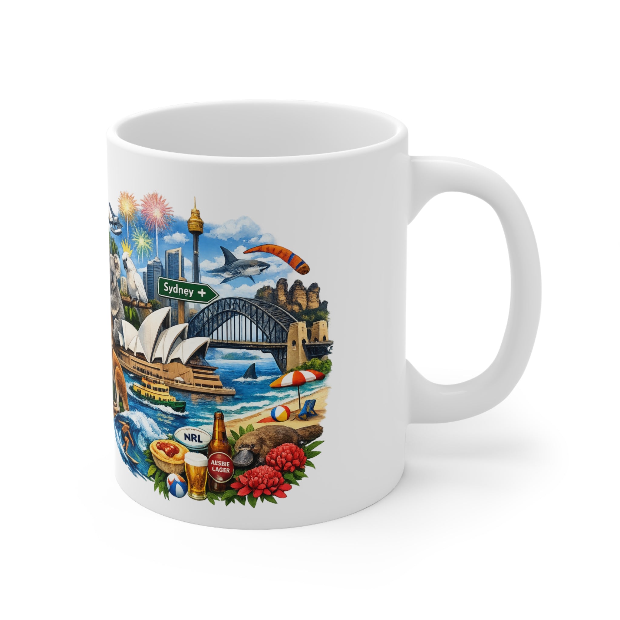 Sydney Australia Souvenir Coffee Mug — 11oz & 15oz Ceramic Cup with Opera House, Harbour Bridge & Native Wildlife