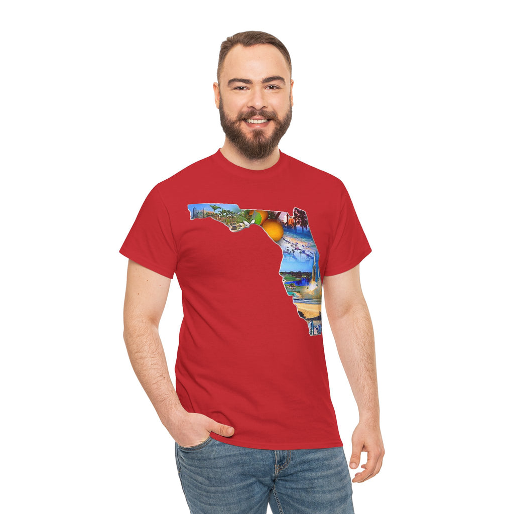 Florida State Shape T-Shirt — Scenic Beach & Sunset Map Tee