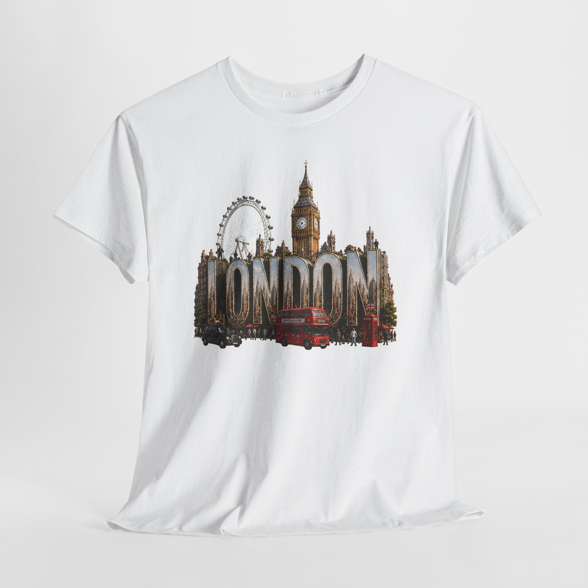 London Skyline T-Shirt — London Text with Big Ben & London Eye Graphic