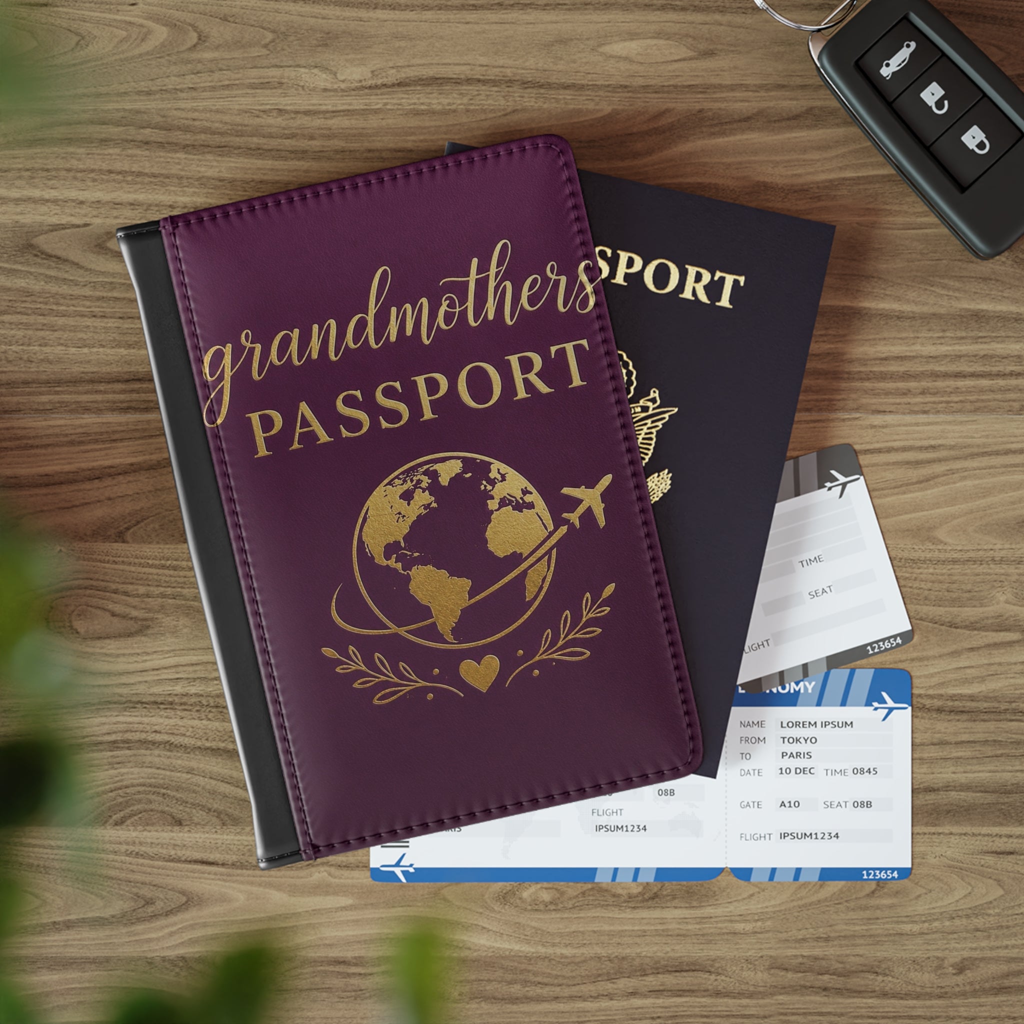 Grandmother’s Passport Cover – Travel Wallet for Nana, Gold Globe Design