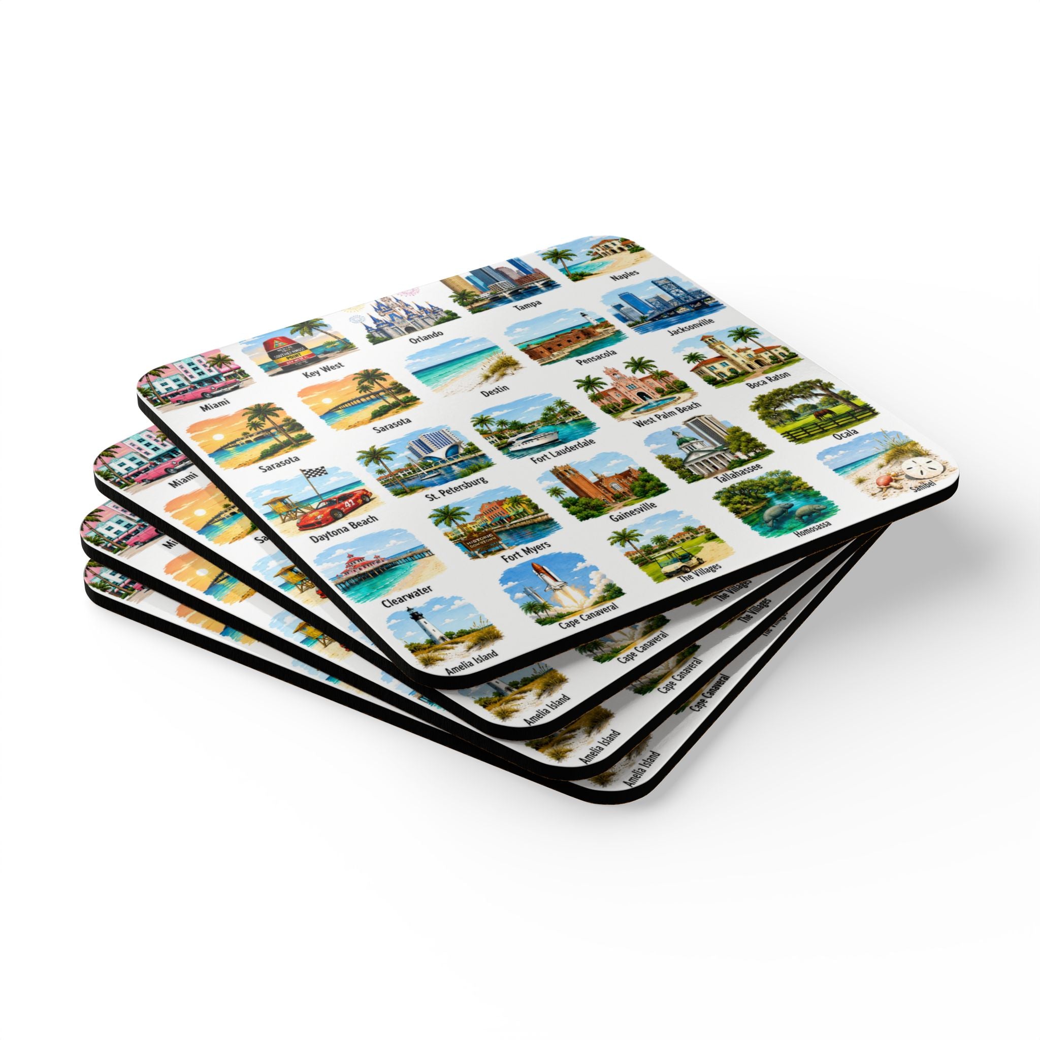 Florida Cities Corkwood Coaster Set — Vintage Travel Map Style Coasters