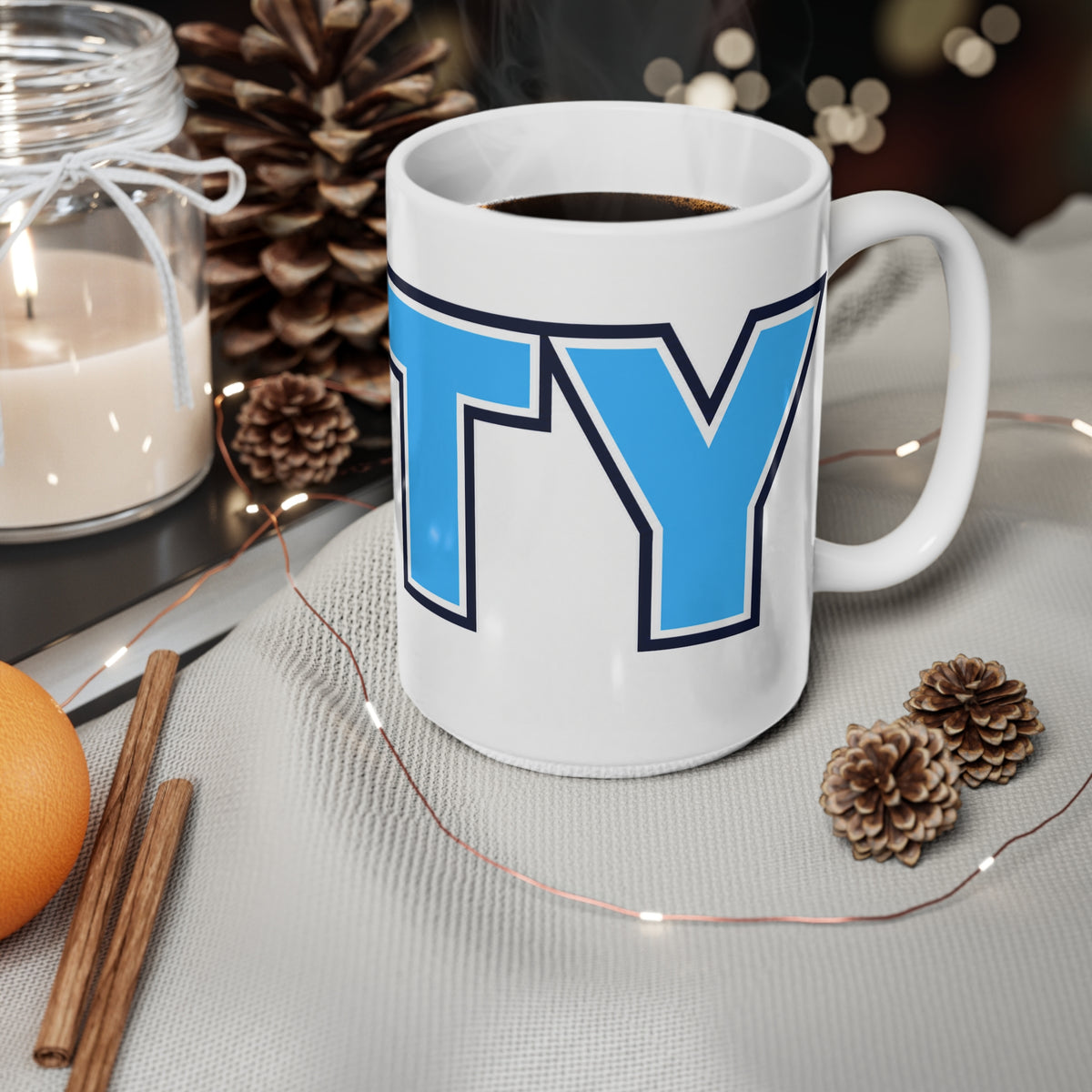 CITY Bold Blue Lettering Ceramic Coffee Mug — 11oz & 15oz