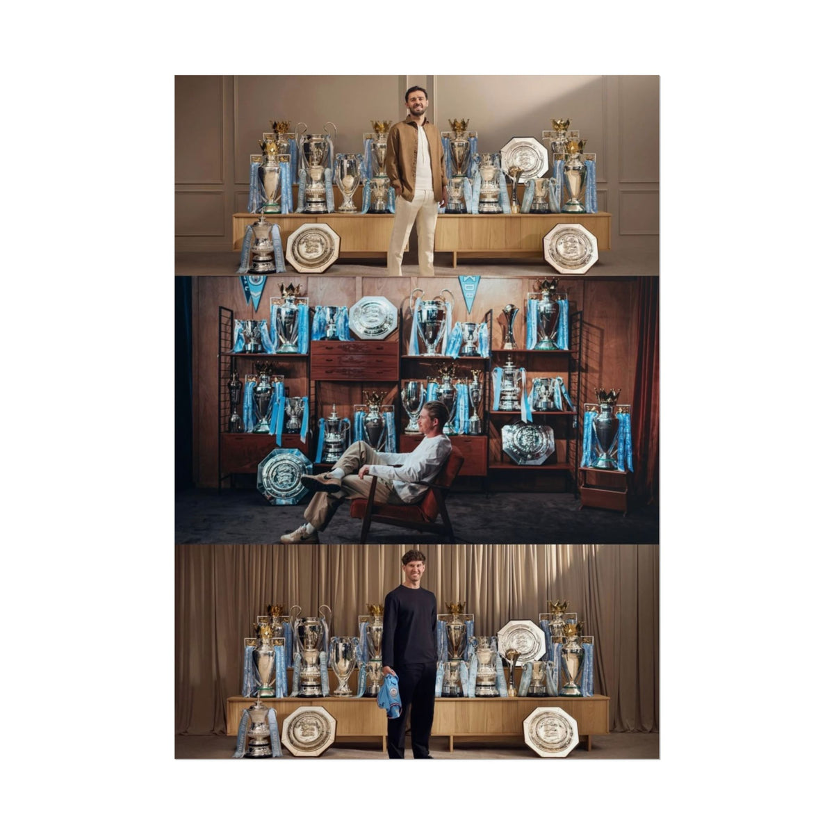 Silva, De Bruyne & Stone Trophies Manchester City Rolled Poster — Vintage Trophy Room Photo Collage