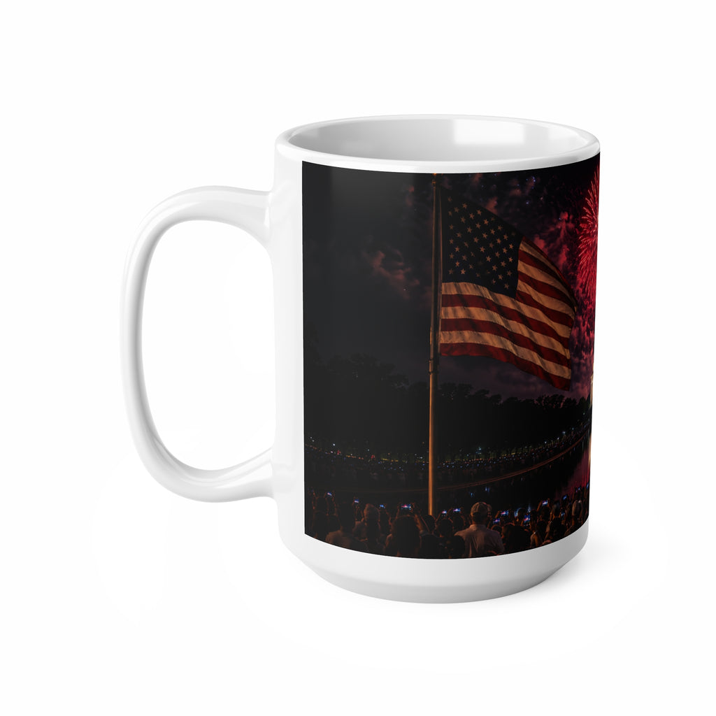 Fourth of July Fireworks Coffee Mug — Patriotic American Flag & Capitol Night Sky (11oz/15oz)