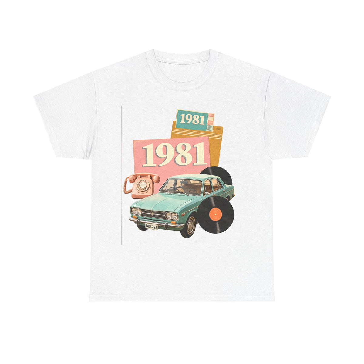 1981 Retro Car Tee — Vintage 80s Birthday T-Shirt with Record & Telephone Design