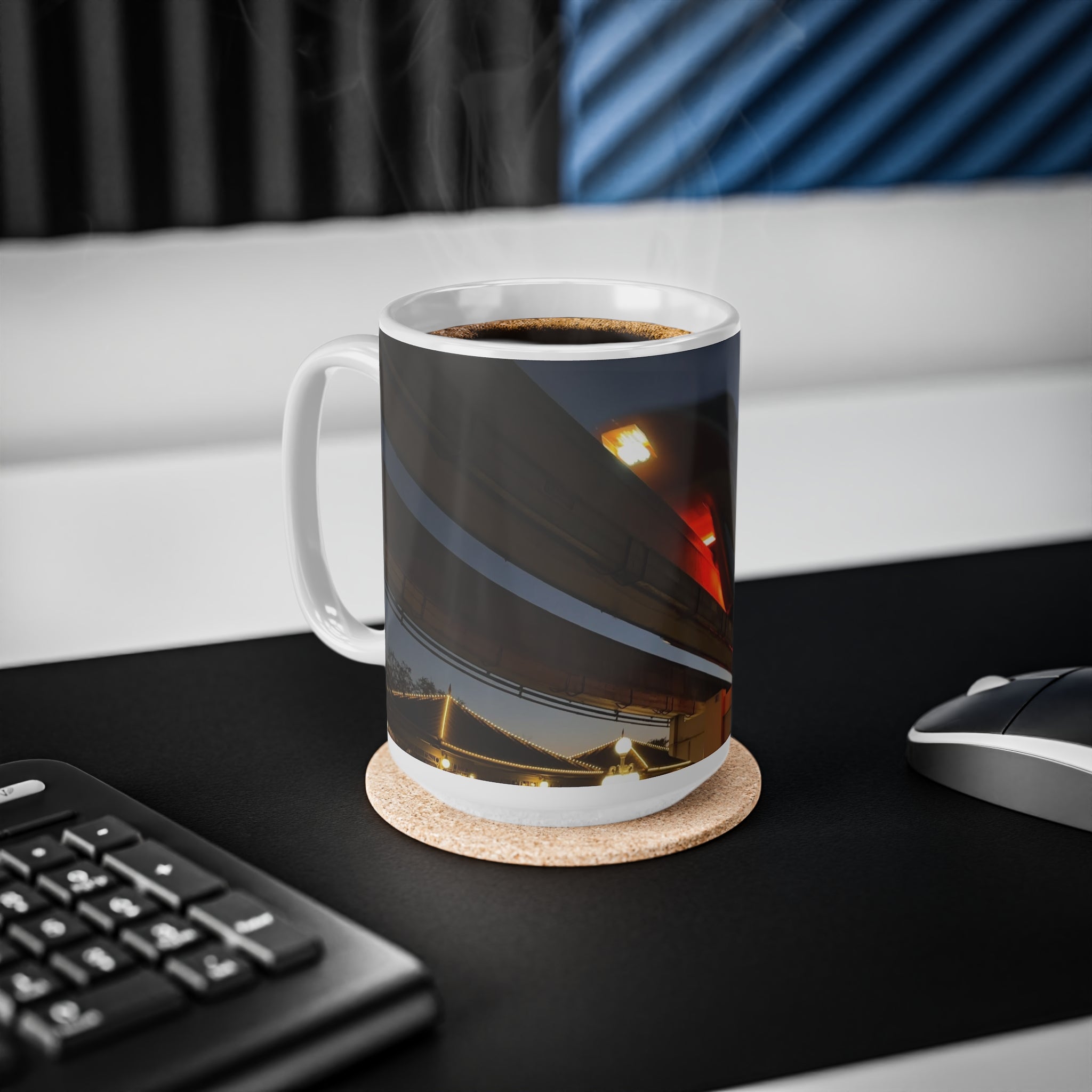 WDW Monorail Nightscape Ceramic Mug — Modern Curved Building Photo (11oz & 15oz)