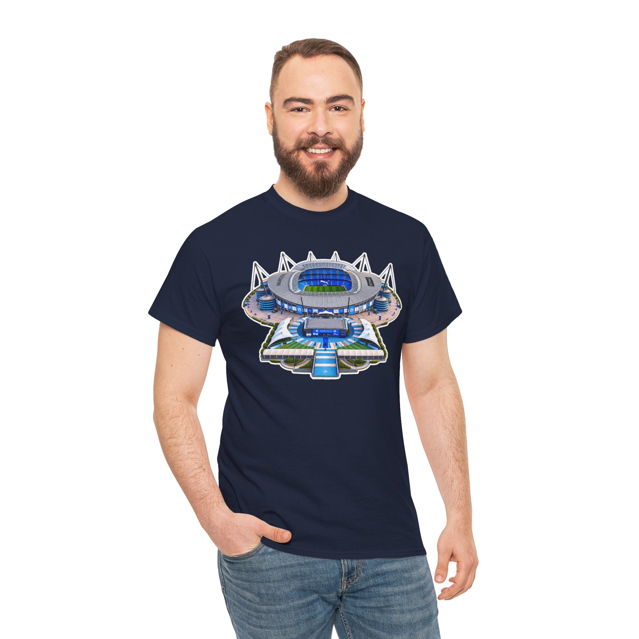 Manchester City Etihad Stadium Illustration T-Shirt — Retro Soccer Arena Graphic Tee