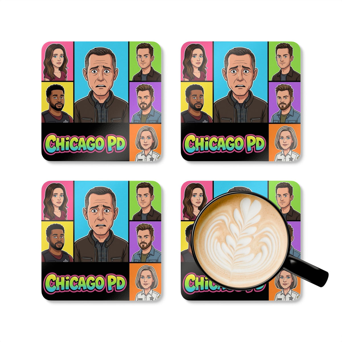 Chicago PD Cartoon Coaster Set — Pop Art Cork Drink Coasters (4-Pack)