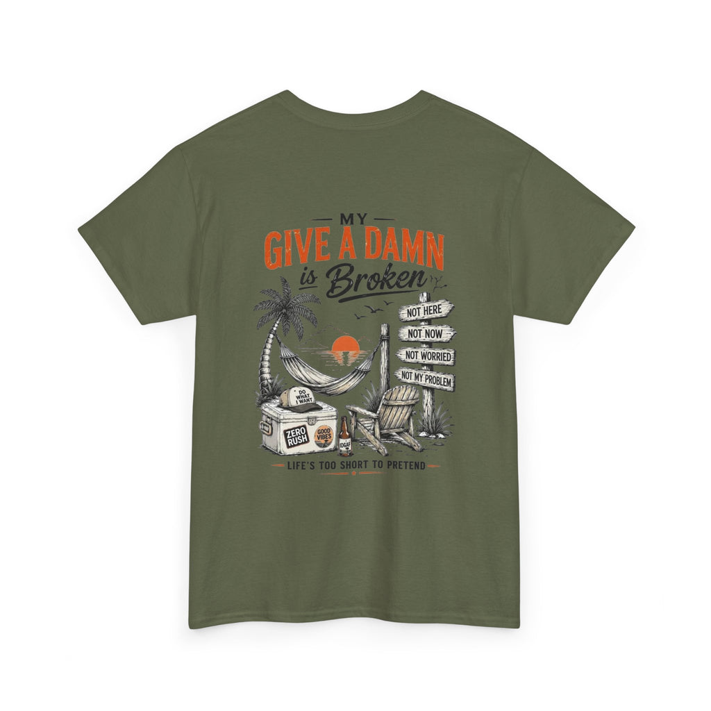 T-Shirt — “Too Old to Care” / “My Give a Damn is Broken” Vintage Beach Graphic Tee