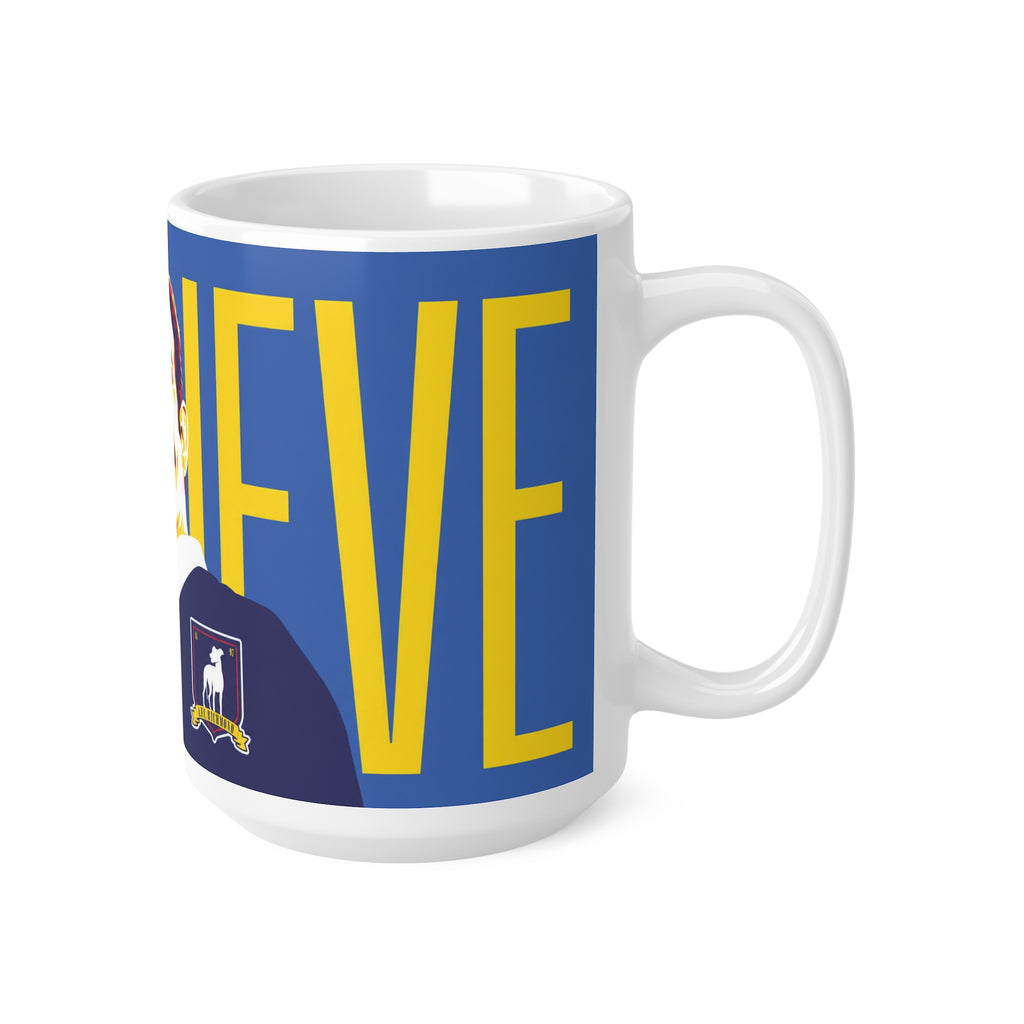Ted Lasso Inspired Unofficial Believe Pop-Art Ceramic Coffee Mug — Inspirational Retro Portrait, 11oz & 15oz