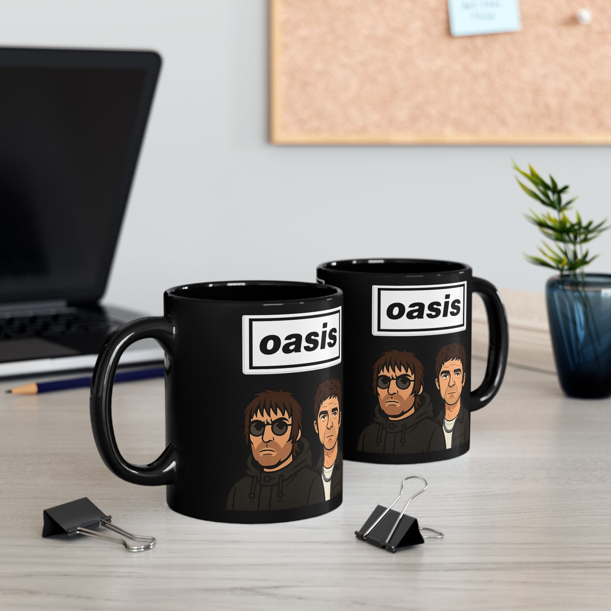 Oasis Inspired Cartoon Band Black Mug — Liam & Noel Ceramic Coffee Cup (11oz/15oz)
