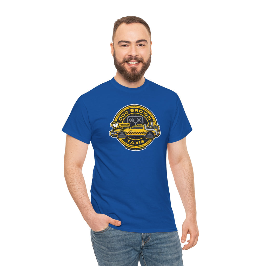 Vintage Taxi Badge T-Shirt — 'Doc Brown Taxis' Retro Cab Logo Tee