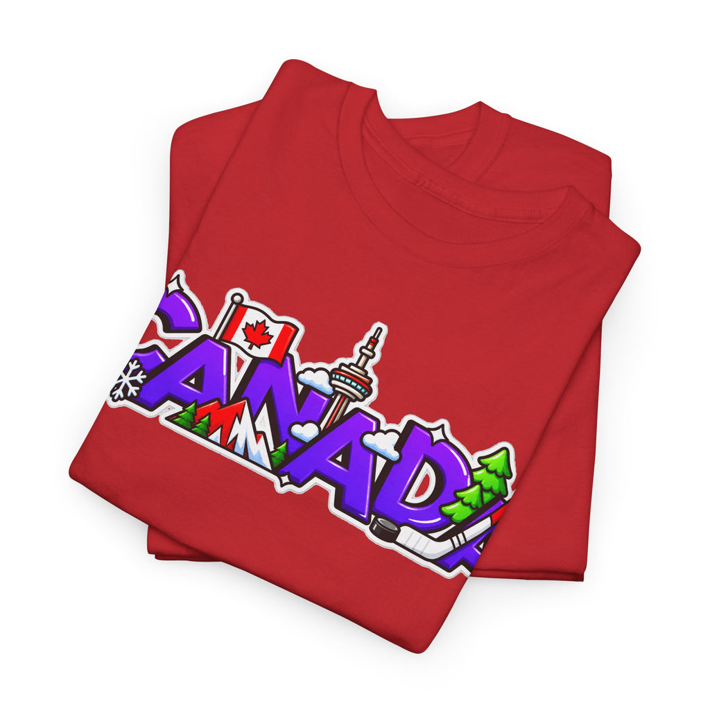 Canada Cartoon Graphic Tee — Canadian Landmark & Flag Travel T‑Shirt