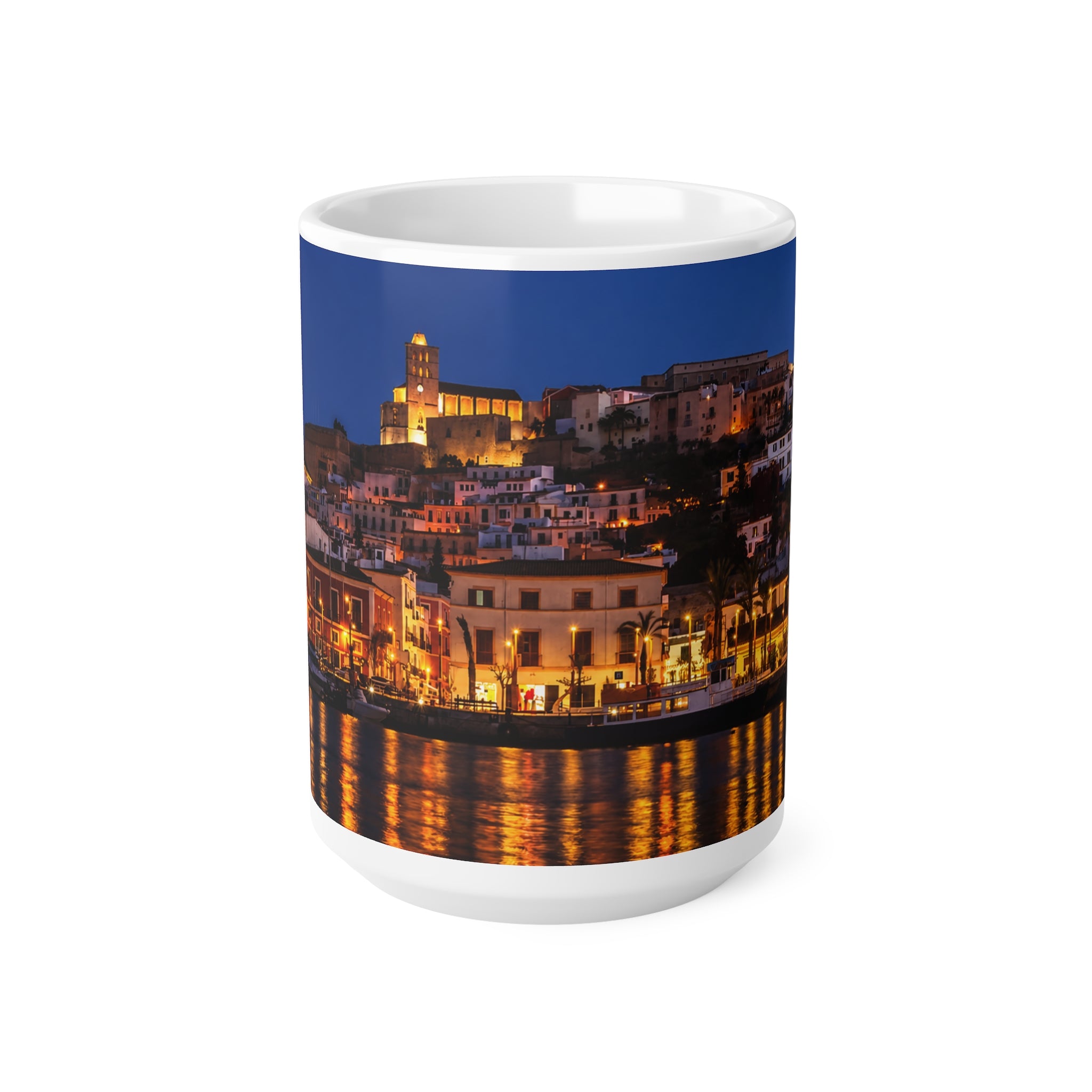 Night Harbor Cityscape Mug — Coastal Italy Evening Panorama Ceramic Coffee Cup (11oz, 15oz)