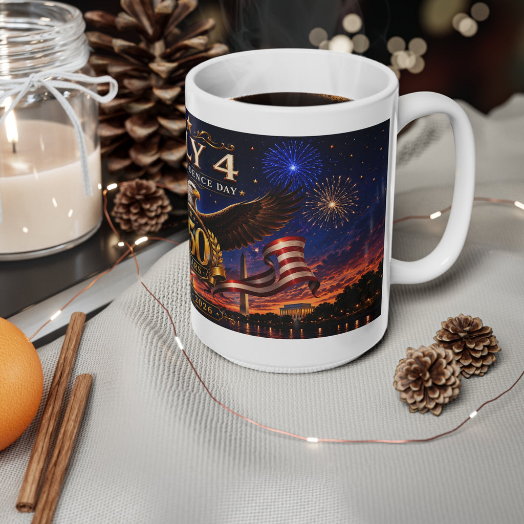 July 4th Independence Day America 250 Years Coffee Mug — Patriotic Eagle & Flags (11oz/15oz)