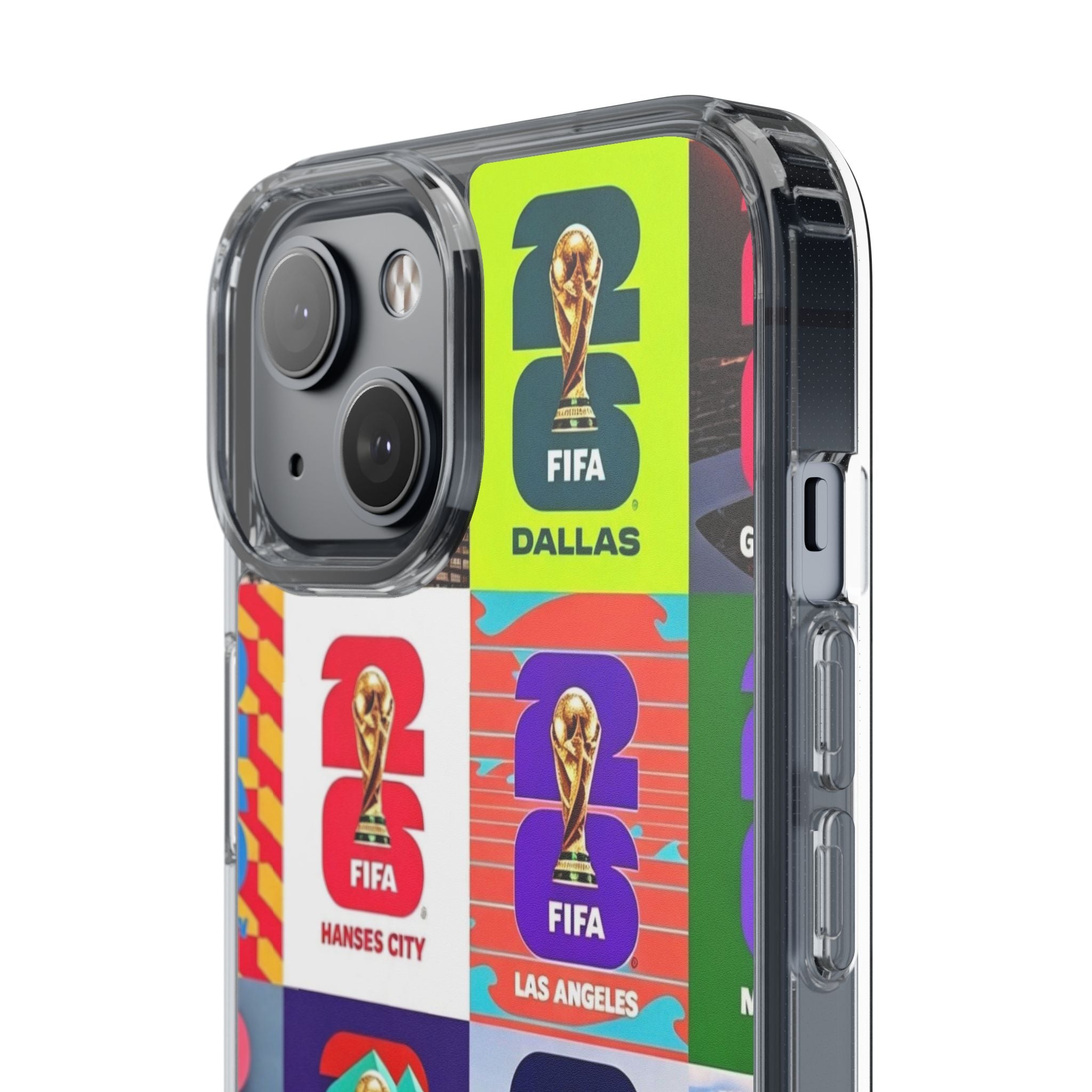 FIFA World Cup Pop Art Clear Phone Case — City Badge Collage (Dallas, LA, Monterrey, Toronto, Seattle)