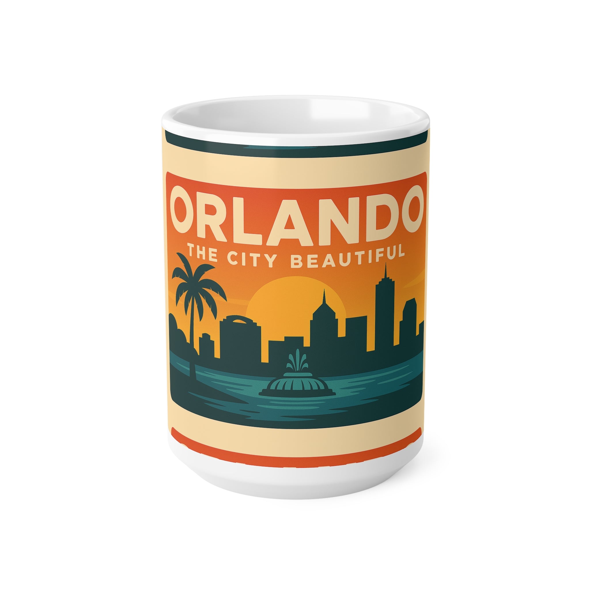 Orlando 'The City Beautiful' Orange Skyline Coffee Mug — Retro Travel Ceramic Cup (11oz & 15oz)